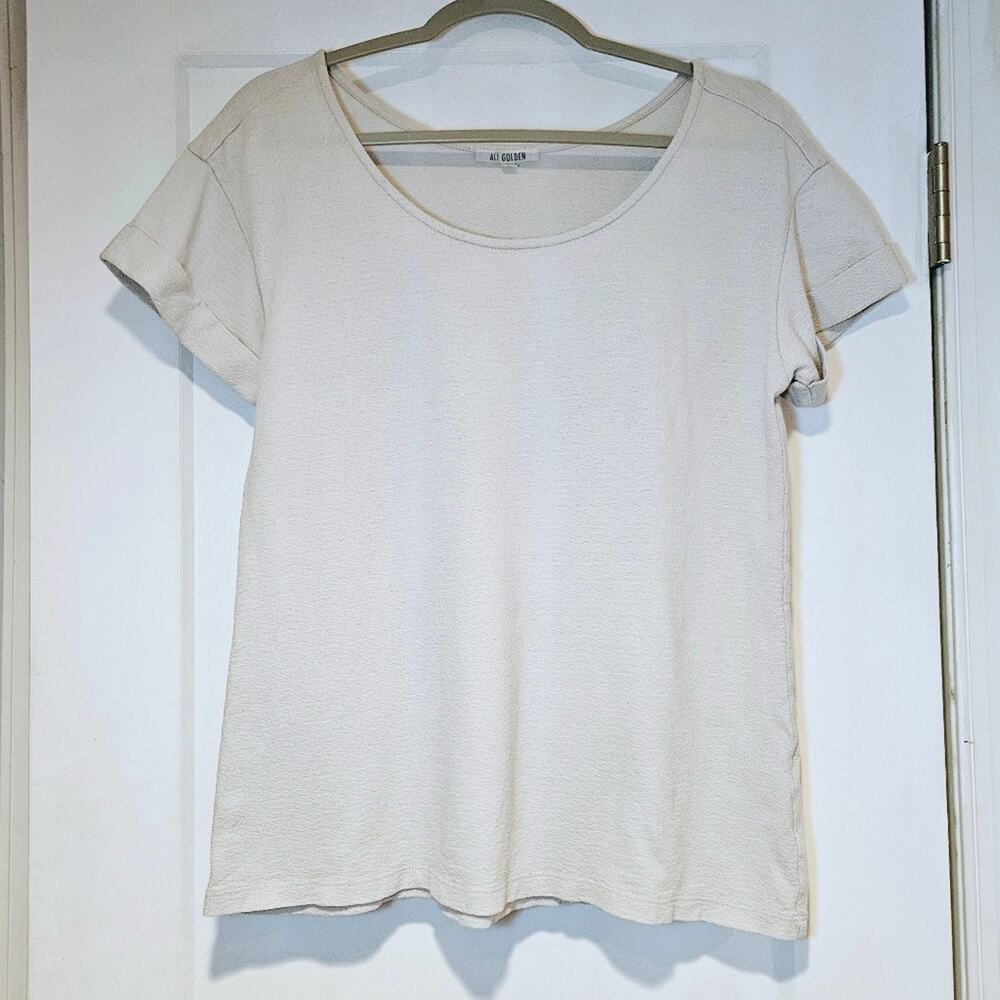 Ali Golden Greige Cotton Relaxed Scoop Neck Tee XS